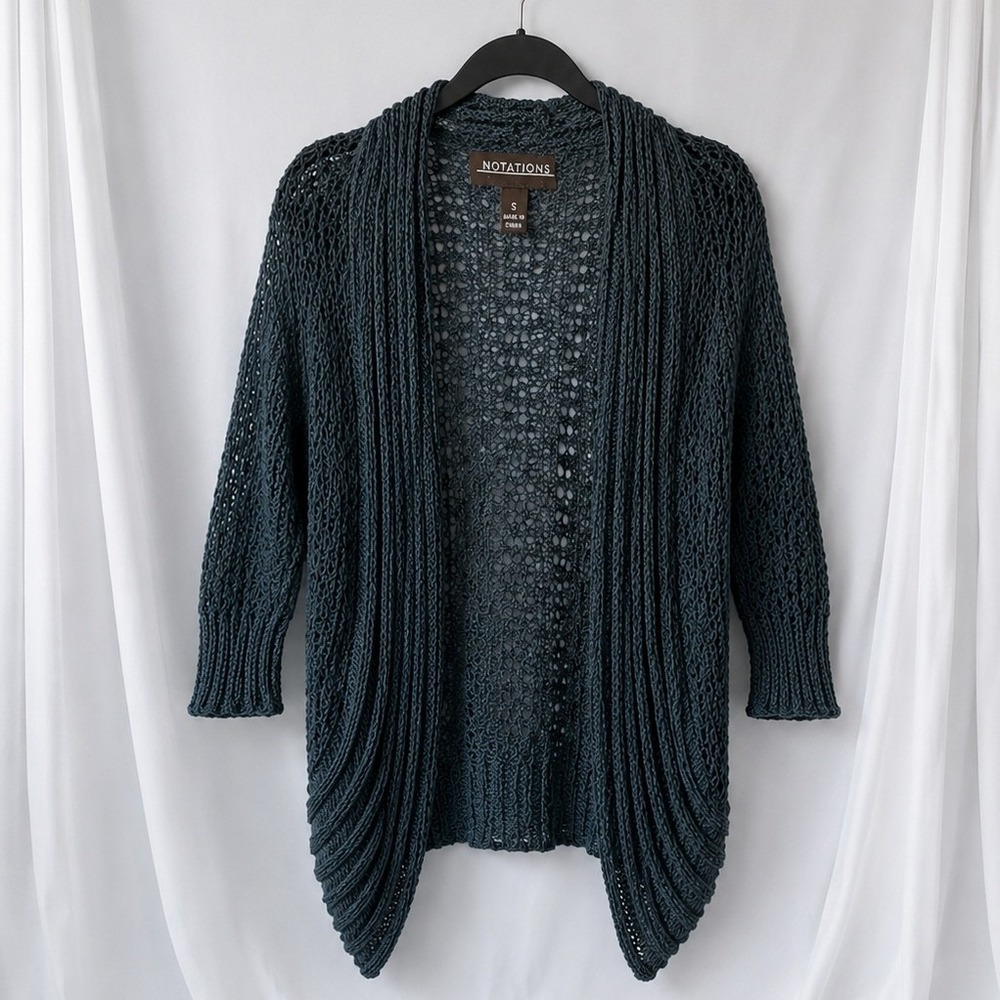 Notations Crochet Knit Cardigan Womens Small‎ Blue Open Front Boho Layering